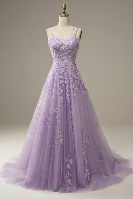 A Line Lilac Tulle Lace Prom Dress Long Evening Dresses