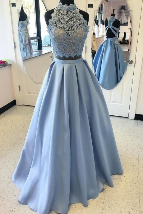 Two Pieces Lace Evening Prom Dresses, Blue Organza Party Prom Dress