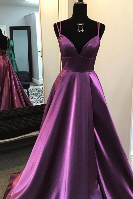 A Line Straps Purple Long Stain Formal Gown
