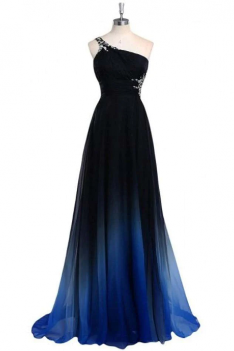 Ombre A Line One Shoulder Beading Chiffon Prom Dress Gradient Formal Dress
