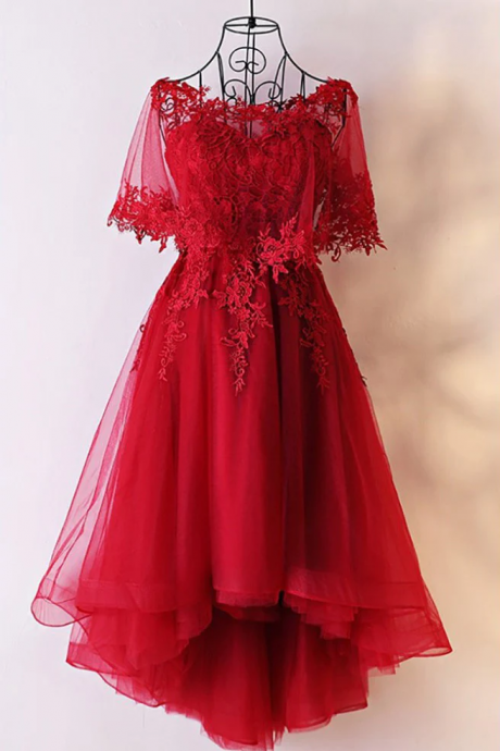 Unique Sweetheart Red High Low Lace Up Back Tulle Prom Dress With Appliques