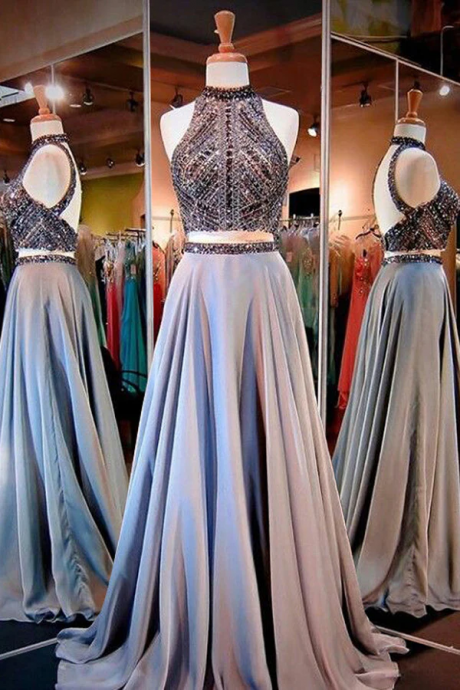Two Pieces Sparkle High Neck Beading Long Prom Evening Dress