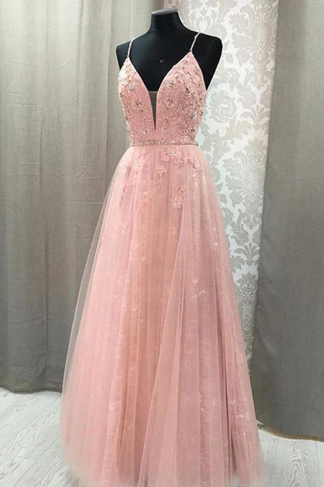 Blush V-neck Prom Dress With Rhinestone Long Prom Dress With Appliques