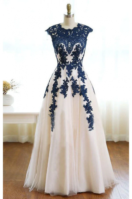 Dark Blue Appliques Ivory Tulle Prom Dress Floor Length Elegant Evening Dress