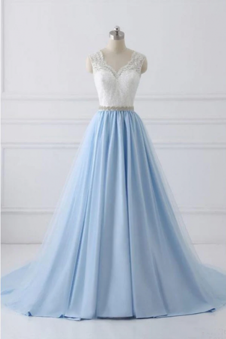 A Line V Neck Lace Appliques Bodice Long Prom Dress Elegant Prom Dress With Beads