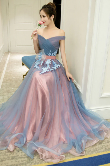 A Line Off-the-shoulder Tulle Long Prom Dress Long Tulle Pleats Evening Dress