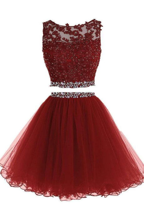 Two Piece A Line Tulle Appliqued Homecoming Dress With Beads