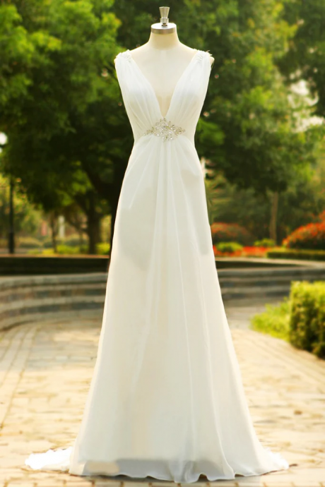 Charming V-neck Long Chiffon Beach Wedding Dress