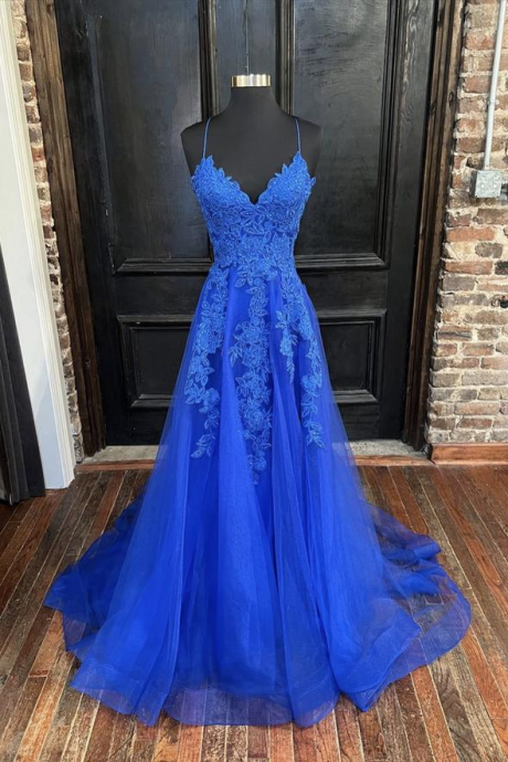 Tight Spaghetti Straps Sweep Train Long Blue Tulle Prom Dress With Appliques