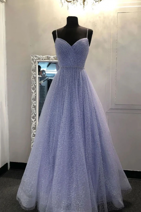 Lavender Sparkly Straps Floor Length Prom Dress