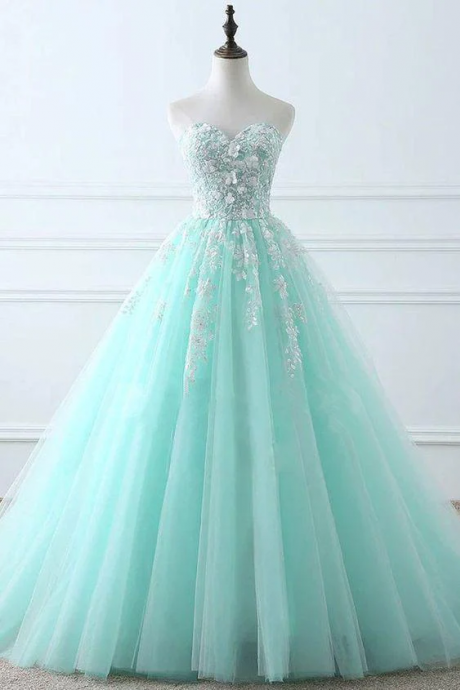 Tiffany Blue Sweetheart Puffy Tulle Prom Dress With Lace Appliques Long Graduation Dress