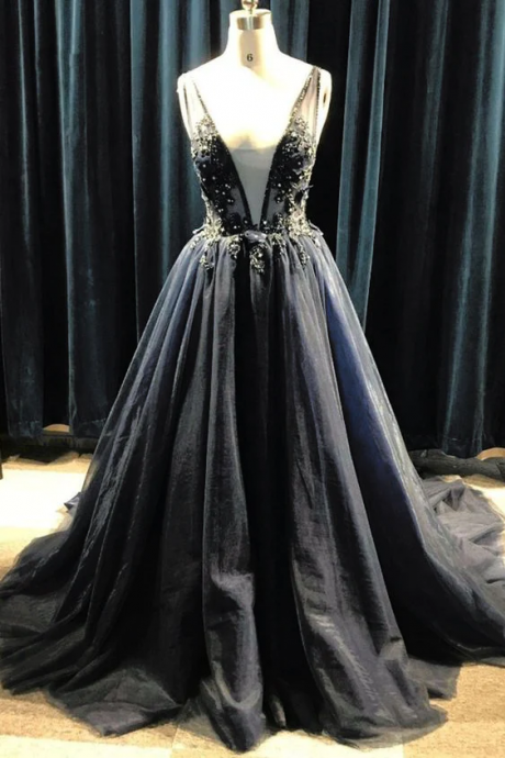 Black Tulle Deep V-neck Long Beaded Prom Dress With Appliques Puffy Formal Dress