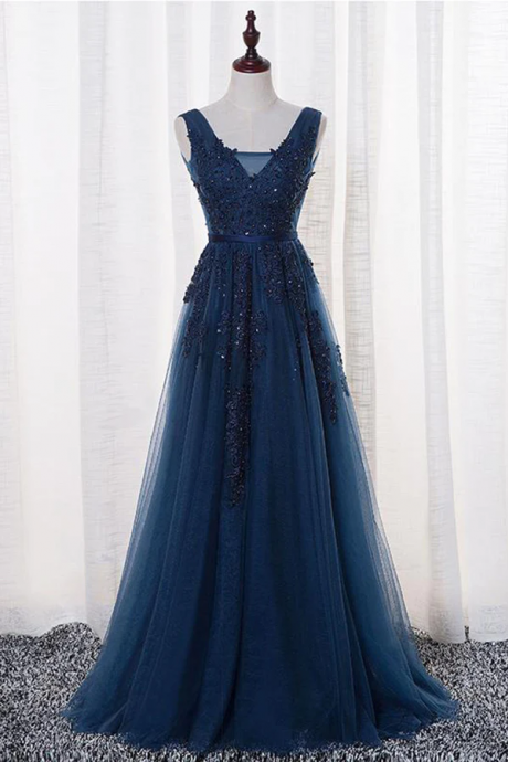 A Line V Neck Sleeveless Appliques Prom Dress With Beads Floor Length Tulle Evening Dress