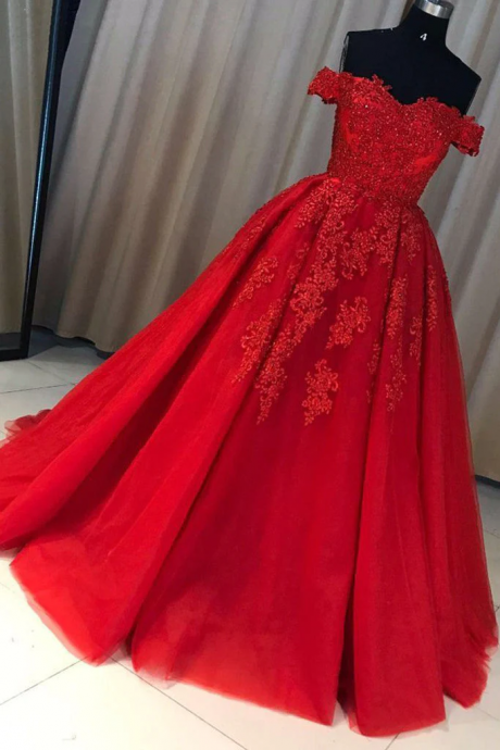 A Line Red Off The Shoulder Lace Appliques Prom Dress