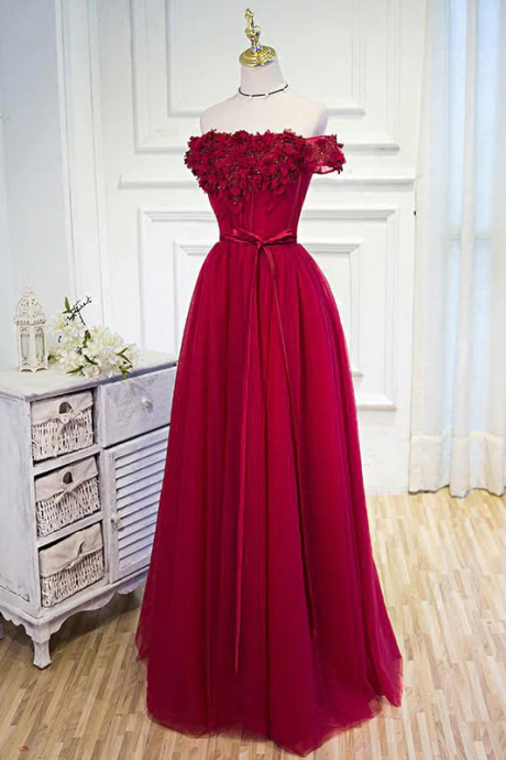 Burgundy Off The Shoulder Floor Length Prom Dress With Hand Made Flowers Belt