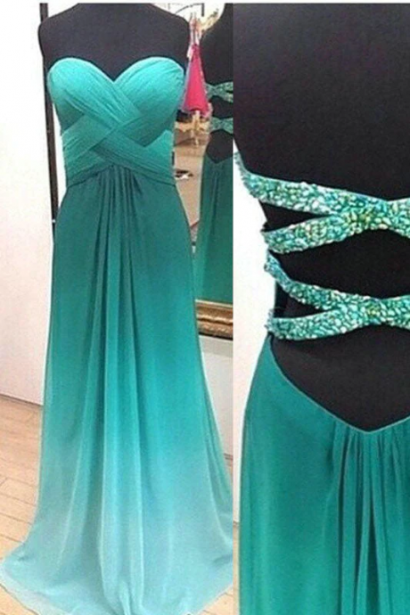 A Line Chiffon Sweetheart Green Ombre Beading Prom Dress