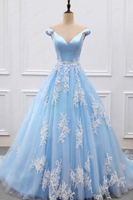 A Line Sky Blue V-neck Lace Appliques Tulle Prom Dress