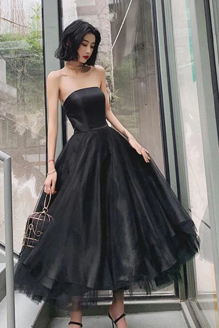 Black Strapless Tulle Puffy Homecoming Dress Ankle Length Prom Dress