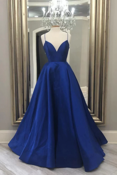 A Line Elegant Royal Blue Satin Long Prom Dress Evening Gowns