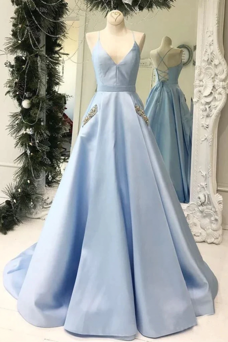 Light Blue V-neck Floor Length Satin Prom Dress With Pockets