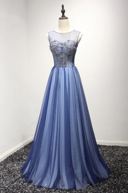 A Line Sheer Neck Prom Dress With Rhinestones Long Tulle Party Dress