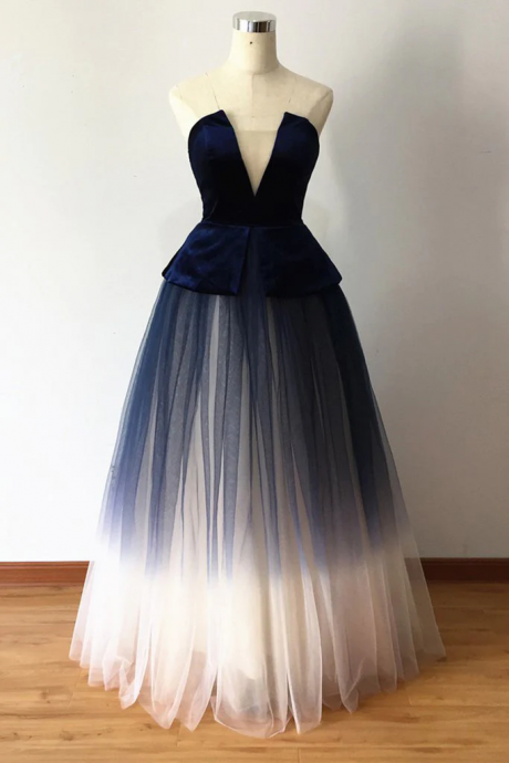 Ombre Blue Tulle Long Prom Dress, Strapless Long Evening Dress
