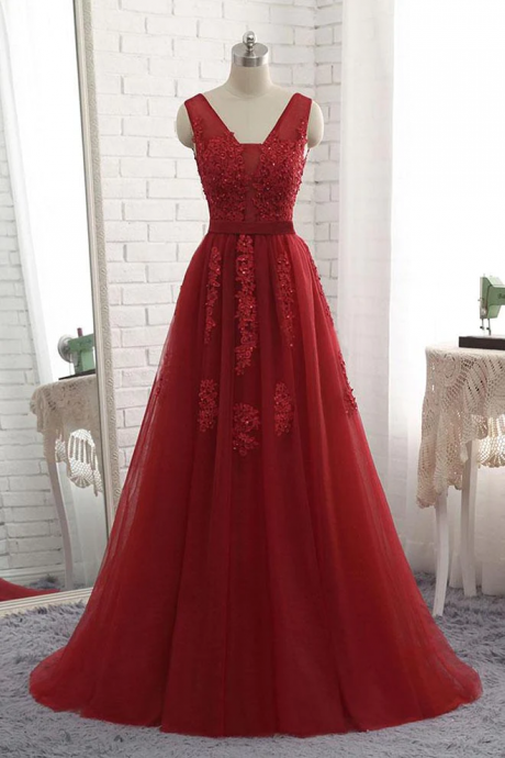 Floor Length Burgundy V-neck Evening Dress Appliqued Long Tulle Prom Dress