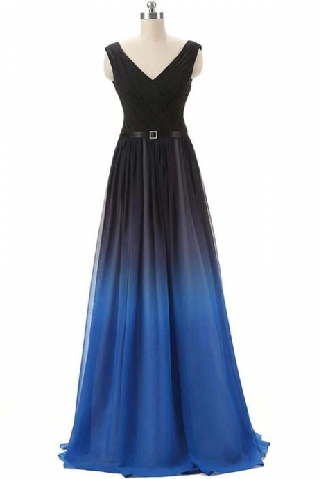 A Line Black And Royal Blue Gradient Ombre Chiffon Long Prom Dress
