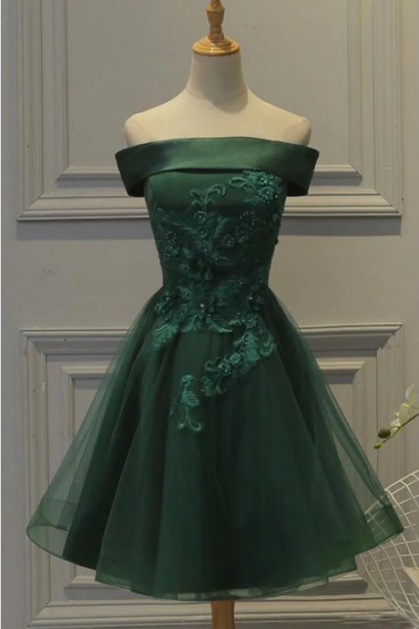 A Line Off The Shoulder Dark Green Tulle Homecoming Dress