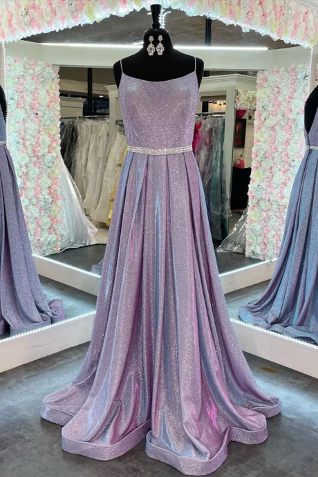 Sparkly A Line Long Prom Dresses With Beaded Belt
