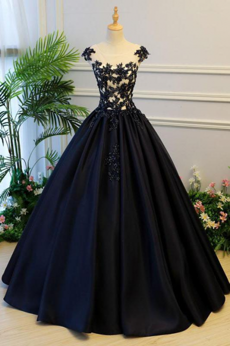 Navy Blue Floor Length Prom Ball Gown With Applique/lace