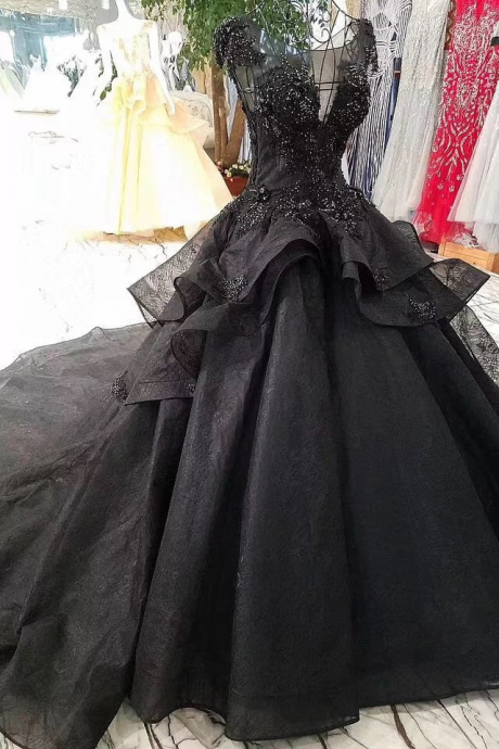 Stunning Cap Sleeves Ball Gown Black Long Wedding Dresses with Beads
