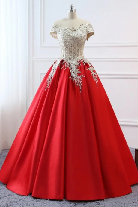 Red Cap Sleeves Ball Gowns Lace Satin Prom Dresses Evening Dresses