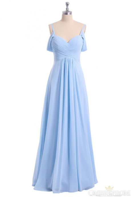 A-line Sky Blue Long Bridesmaid Dresses, Off Shoulder Chiffon Long Prom Dresses