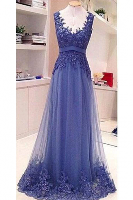 Simple Backless See Through Lace Appliques Floor Length Formal Prom Dresses