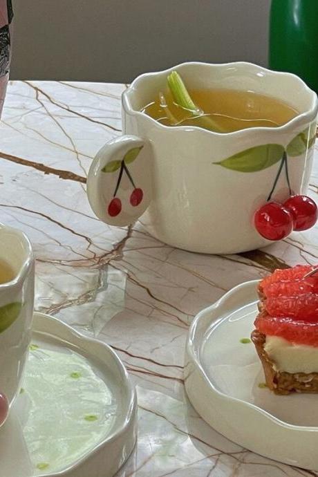 Cute Pink Cherry Ceramic Cup Saucer Decorative Breakfast Milk Coffee Cup Set