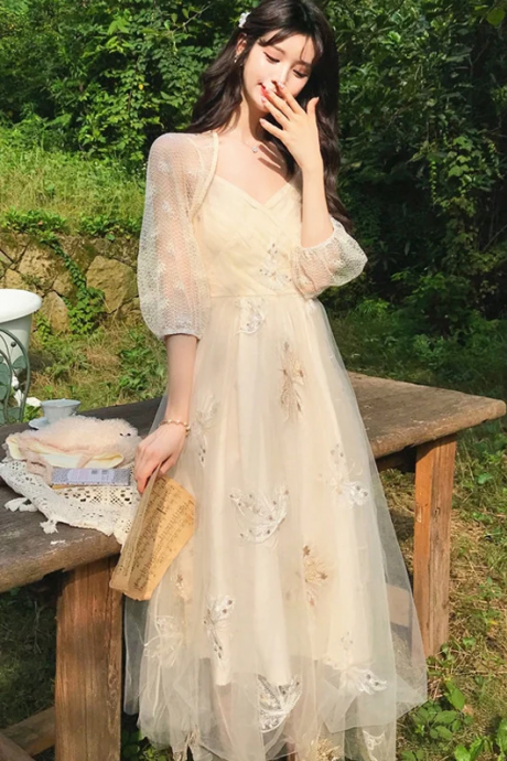 Butterfly Embroidered Vintage-style Lace Fairy Dress , Long Prom Dress