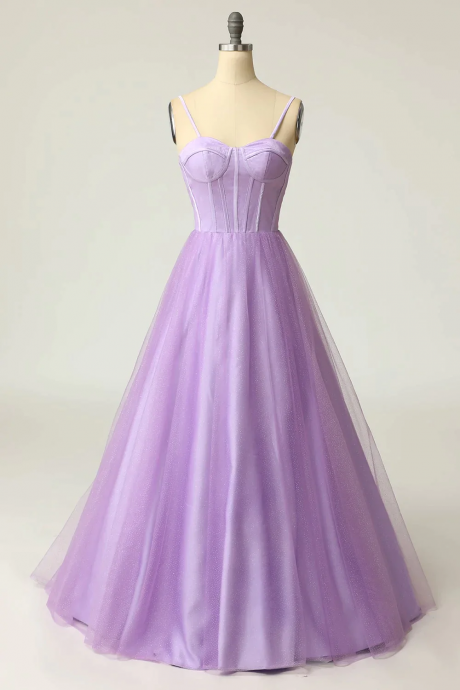 A Line Spaghetti Straps Light Purple Long Prom Dress
