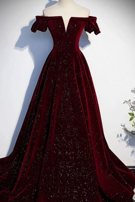 Burgundy Velvet V Neck Long Prom Dress Classy Evening Dress