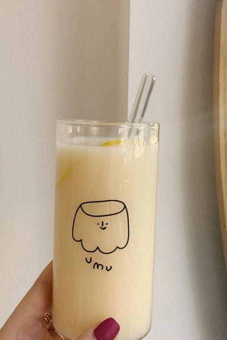 Ins Korean Style Cartoon Glass Cup With Straw Transparent Coffee Milk Tea Mug
