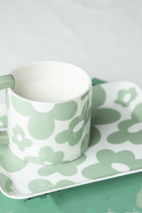 Ceramic Coffee Cup and Saucer Set Korean Style Small Green Flower