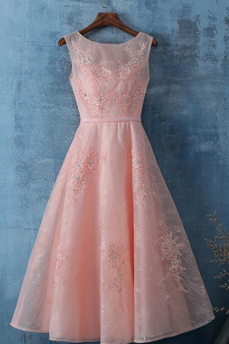 Pink Lace Tea Length Simple Homecoming Dress Teenager Formal Dress