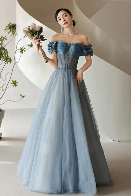 Fashion Women Evening Dress Floor Length Grey Blue Boat Neck Elegant A Line Dress Long Prom Dress