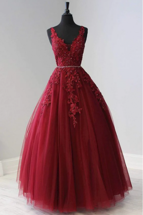 A-line V Neck Tulle Lace Prom Dress Waist Bead Fromal Evening Dress