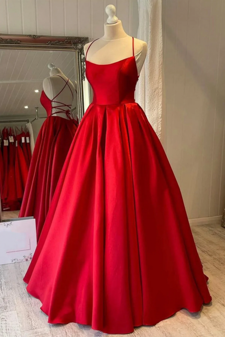 Simple Backless Red Satin Long Prom Dresses, Long Red Formal Graduation Evening Dresses