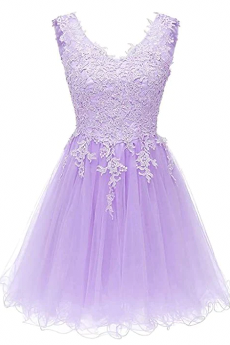 Light Purple Tulle Short Homecoming Dress, Lavender Applique Prom Dress Formal Dress