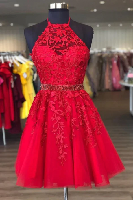 Red Lace Homecoming Dress Halter Neckline, Short Prom Dress ,formal Dress