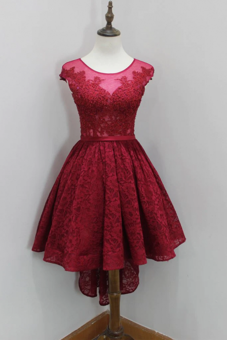 Lovely Wine Red Lace High Low Round Neckline Prom Dresses