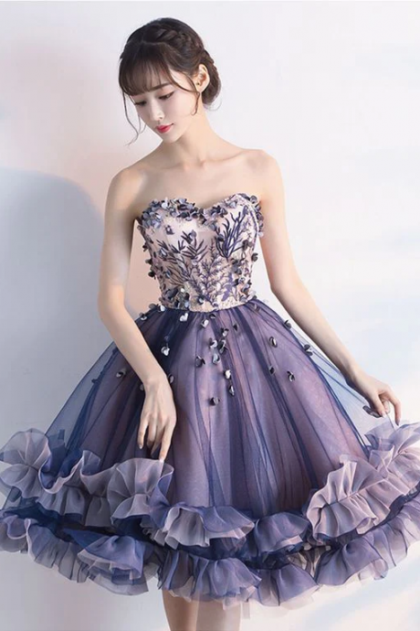 Purple Tulle Lace Short Prom Dress Homecoming Dress
