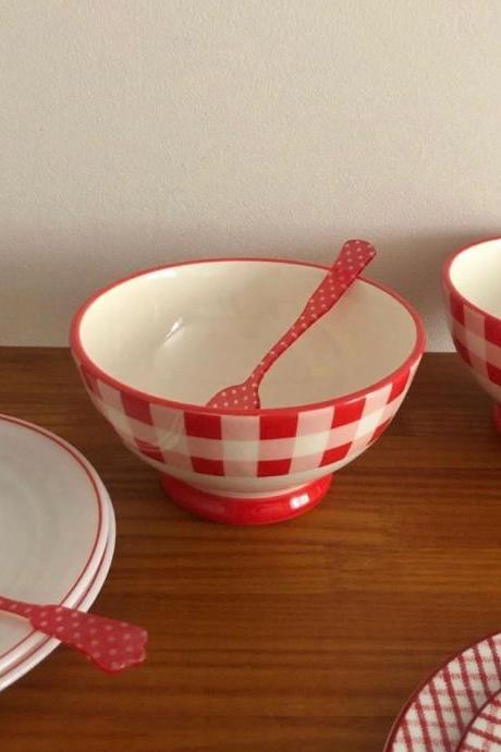 Retro Red Lattice Ceramic Rice Bowl Breakfast Oatmeal Milk Bowl 